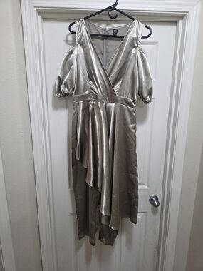 SHEIN Champagne Satin High-Low V-Neck Puff Sleeve Dress